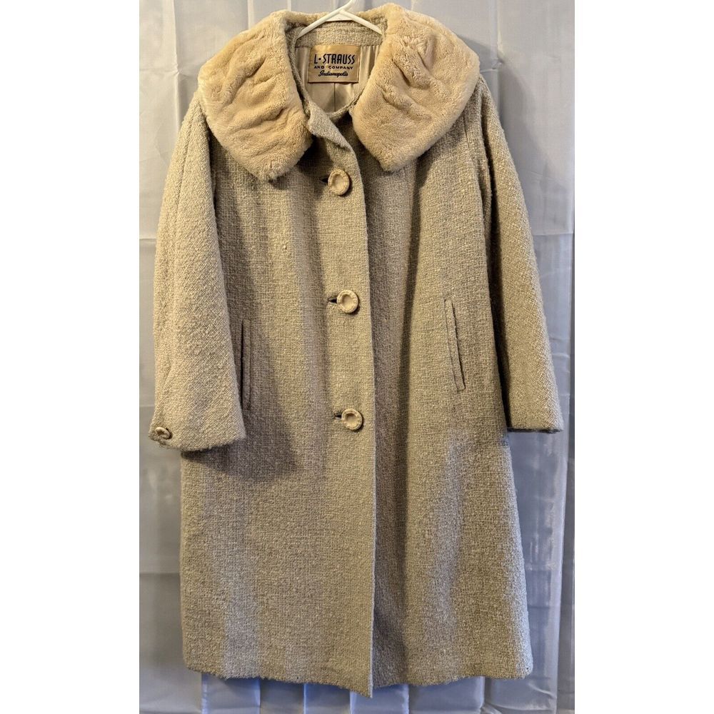 L Strauss Indianapolis Vintage 60s Wool‎ Jackie O Coat Beaver Collar XL Ivory